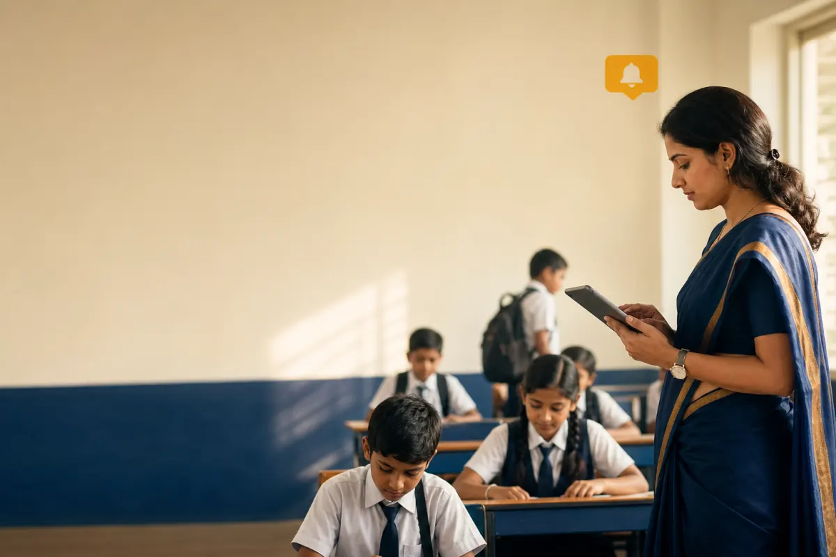 Teacher recording classroom attendance before a parent alert