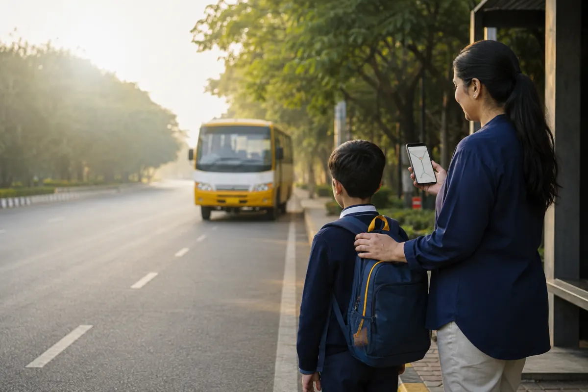 Parent and child waiting safely for a tracked school bus