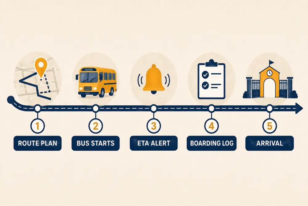 School transport workflow covering route plan, bus start, ETA alert, boarding log, and arrival