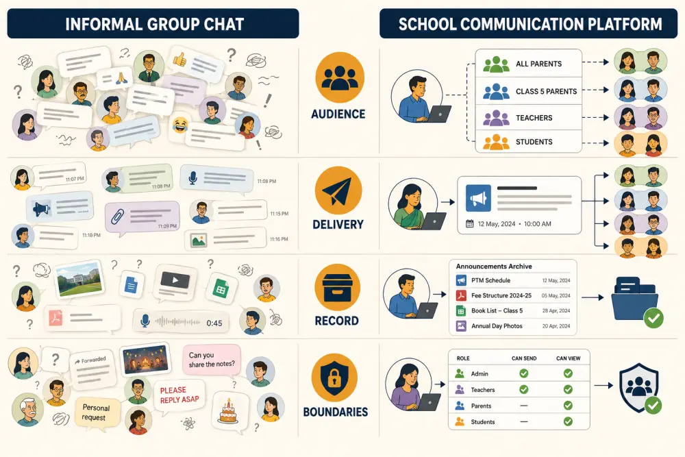 Comparison of informal group chat and a school communication platform across audience, delivery, record, and boundaries