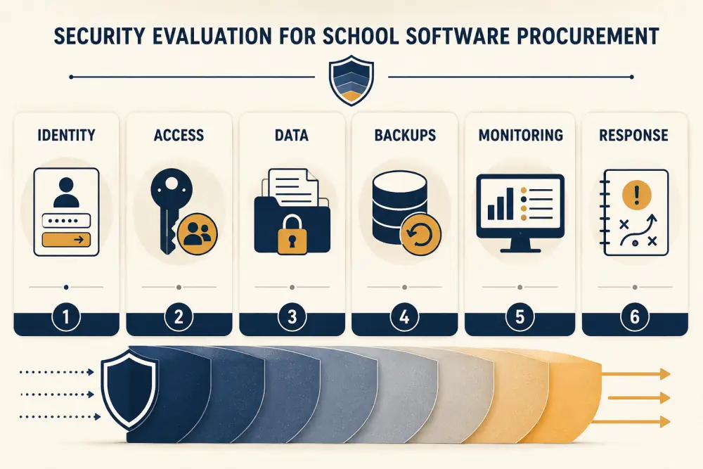 Security evaluation layers covering identity, access, data, backups, monitoring, and response