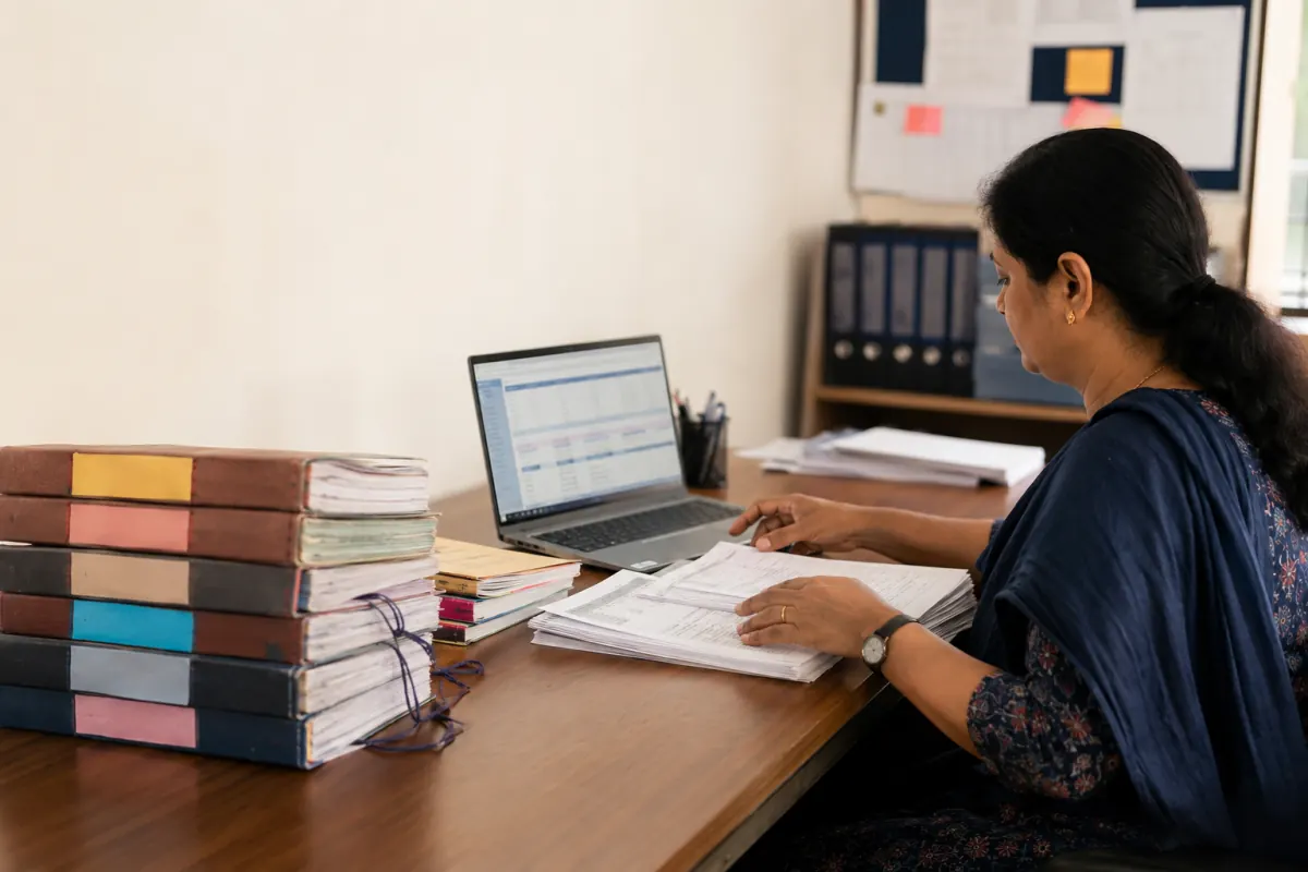School administrator preparing registers and spreadsheets for ERP migration