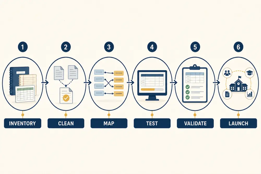 ERP migration workflow covering inventory, cleaning, mapping, testing, validation, and launch