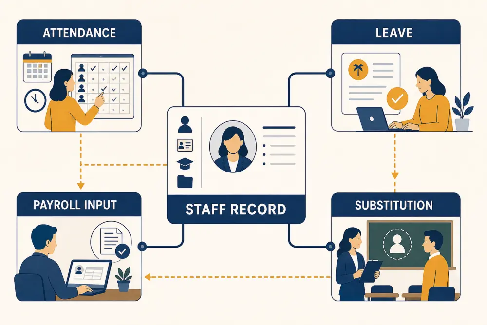 Staff record connecting attendance, leave, substitution, and payroll inputs