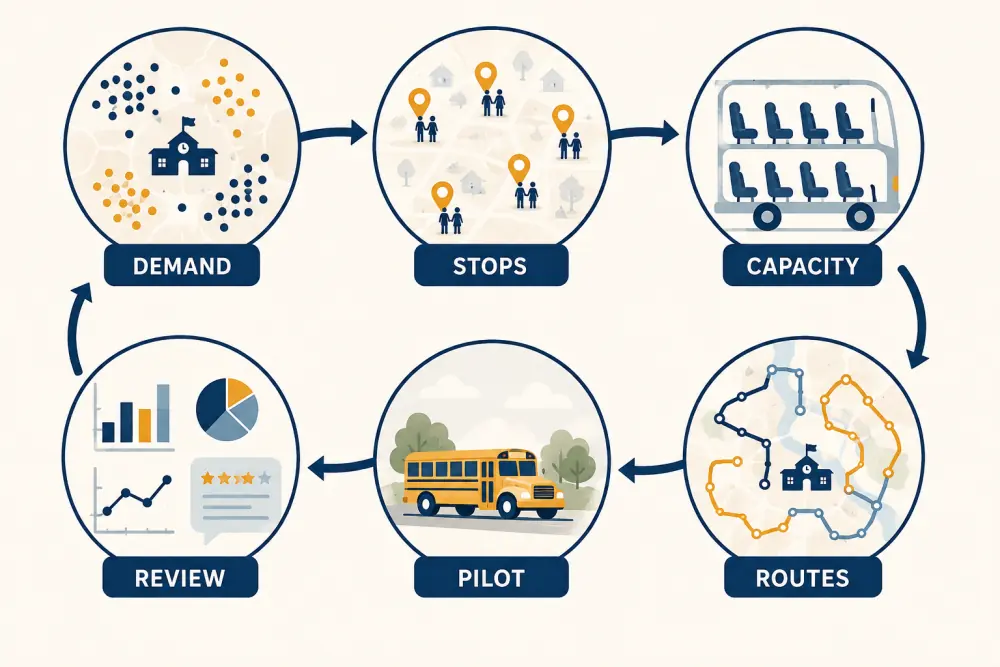 Route optimisation loop covering demand, stops, capacity, routes, pilot, and review
