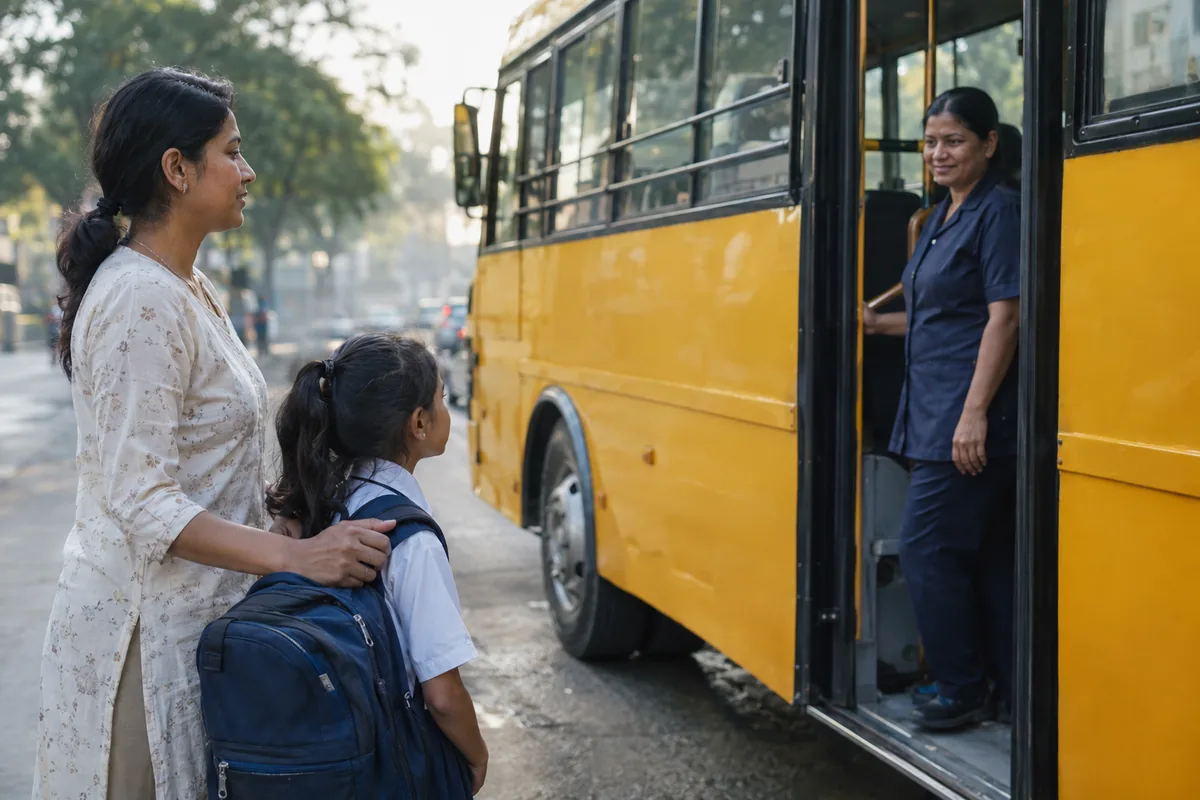 Parent standing with her school-going child at a roadside bus stop as the school bus door opens and a uniformed attendant waits at the step