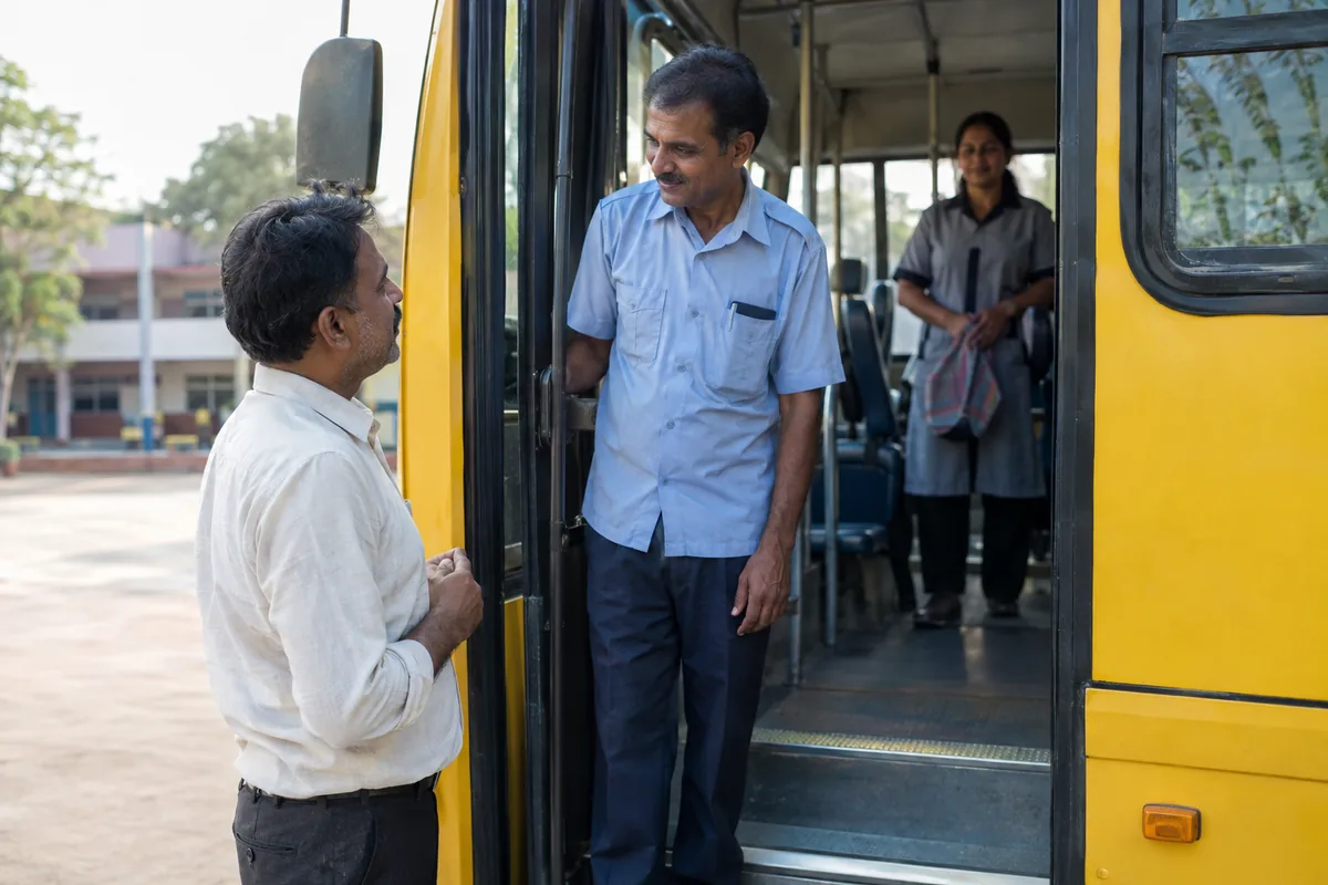 A parent speaking with a school bus driver at the open door of a parked yellow school bus while a uniformed attendant waits inside