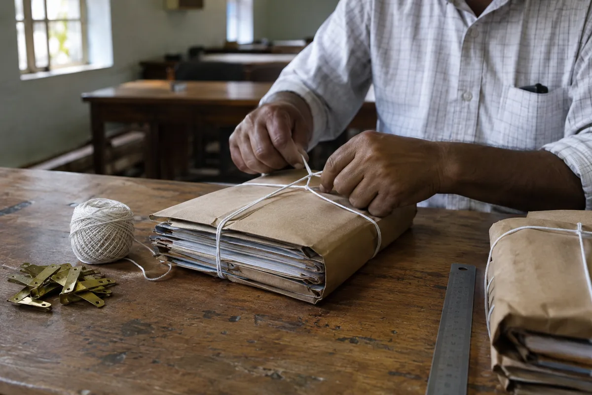 A clerk's hands tying white string around a thick brown paper bundle of sealed examination answer booklets on a worn wooden desk