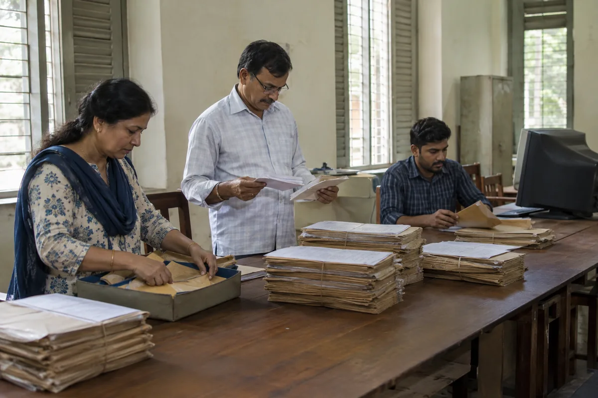 Three staff in a university examination section office sorting tied bundles of answer booklets and printed result sheets across a long wooden table