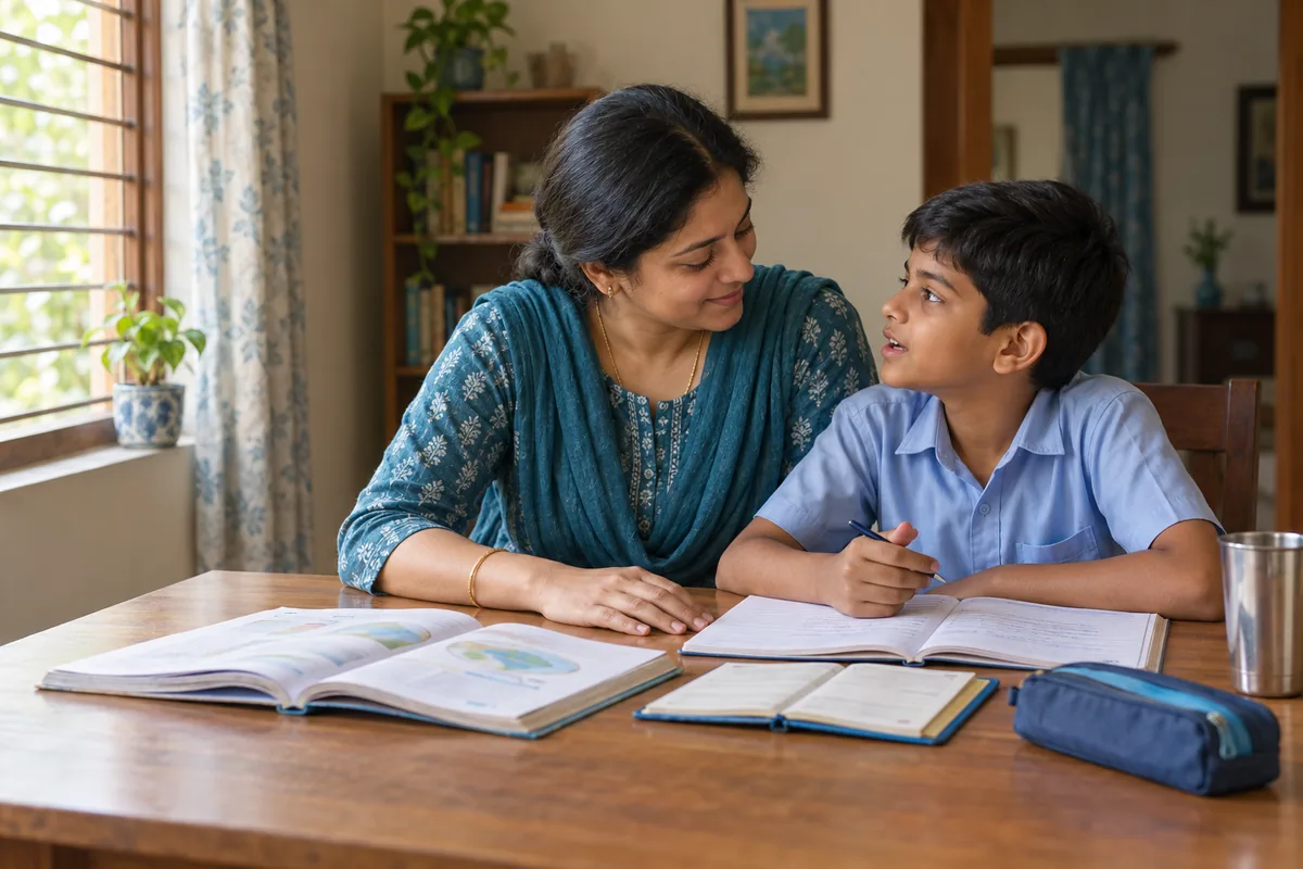 A mother and her school-age son talking over an open school notebook at a study table in a warmly lit Indian home