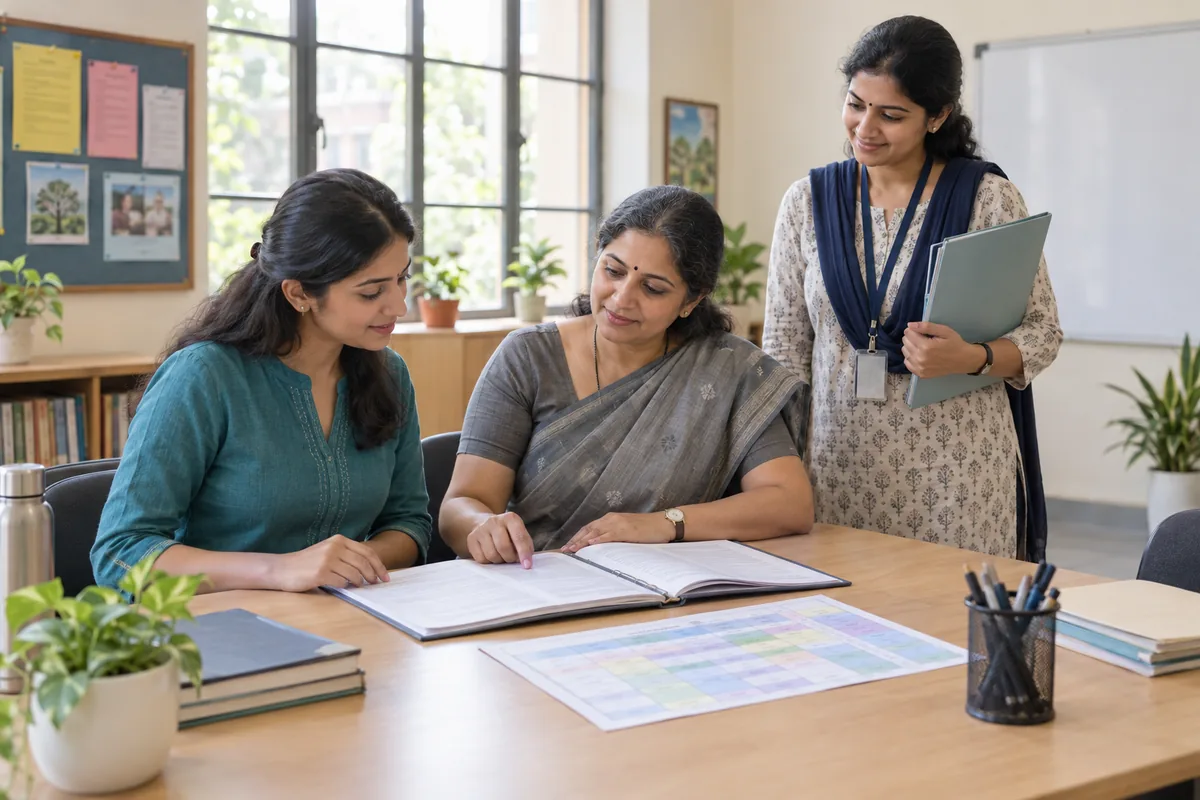 A new Indian teacher in a teal kurta with two senior colleagues in a school staff room, reviewing an open register and a printed weekly timetable