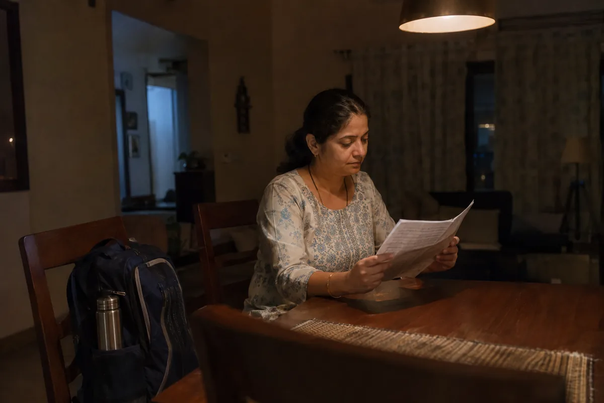 A parent sitting alone at a dining table at home in the evening, reading a folded answer paper under a single lamp