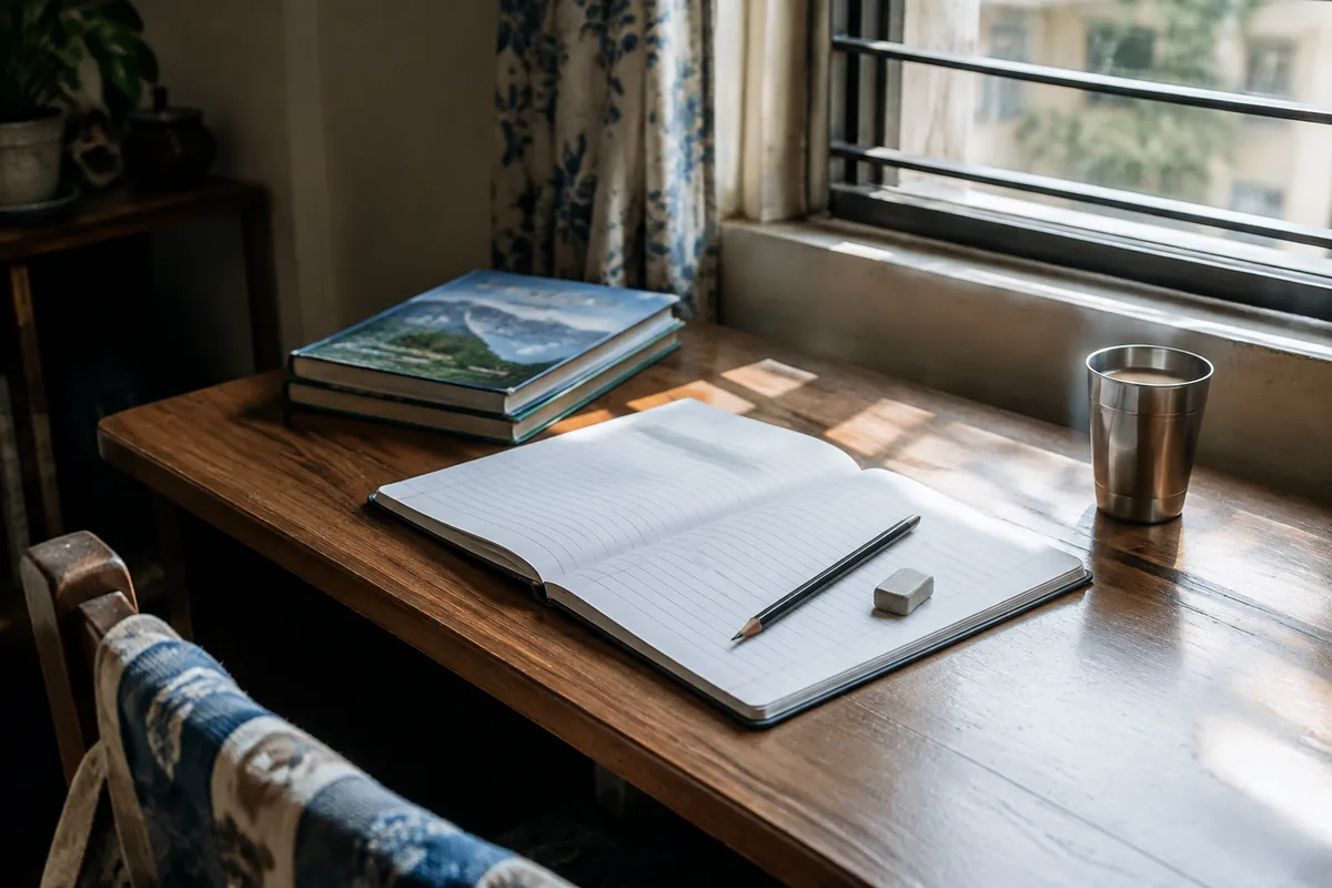 A study desk by a window in the morning with an open notebook, a pencil, an eraser and two textbooks