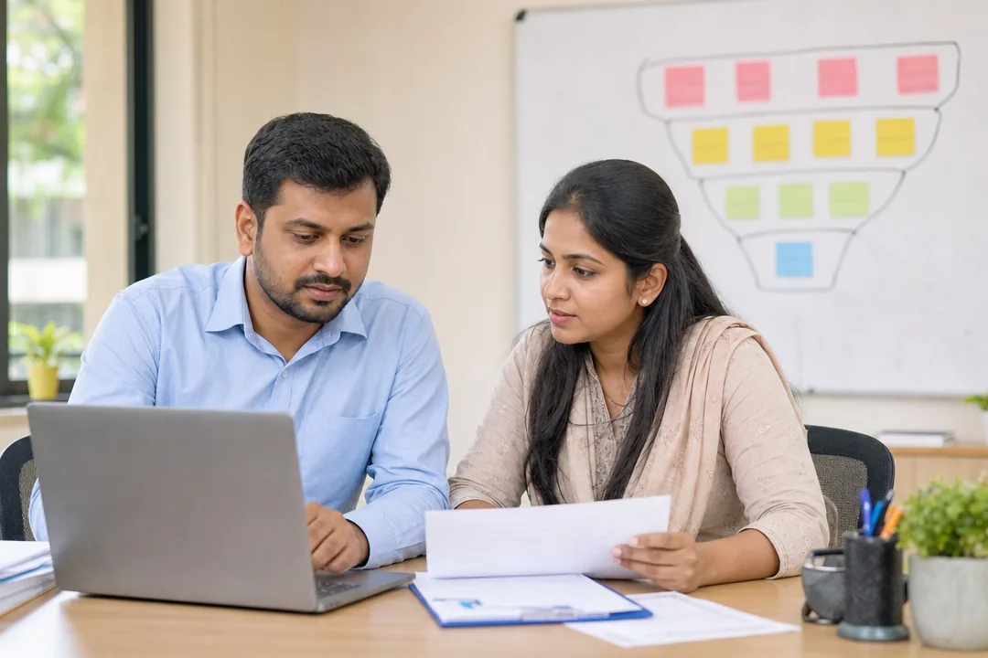 School admissions staff reviewing enquiry records beside a funnel diagram on a whiteboard