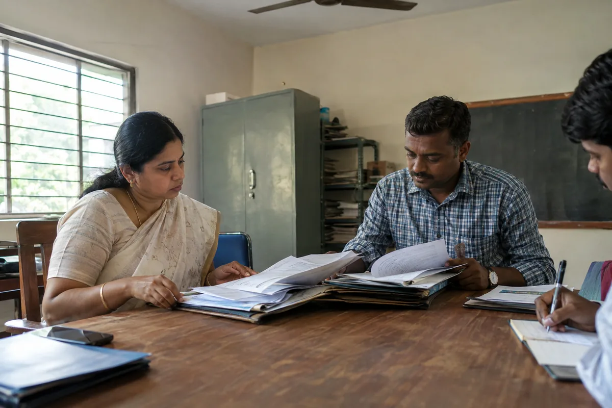 A school administrator in a sari and a bus operator in a checked shirt reading a thick transport contract file across a wooden table in a school office, a colleague taking notes at the edge of the table