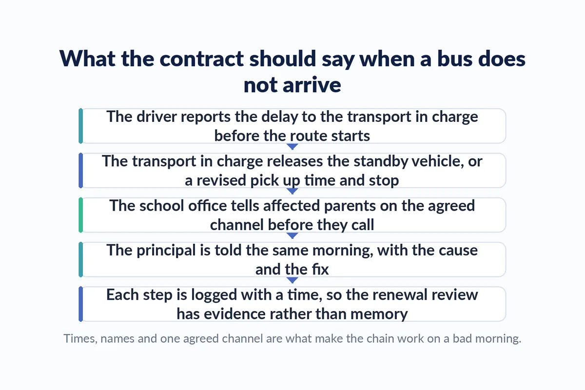 A five step diagram of a school transport escalation chain, from the driver reporting a delay to a logged entry used at the next renewal review