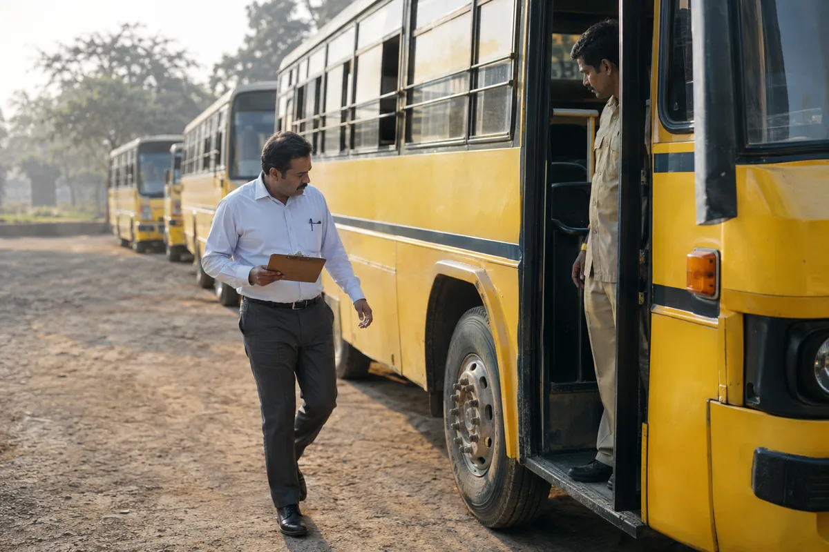 A school transport supervisor holding a clipboard walks along a parked yellow school bus in a dusty yard at early morning, checking the tyres while the driver waits at the open door