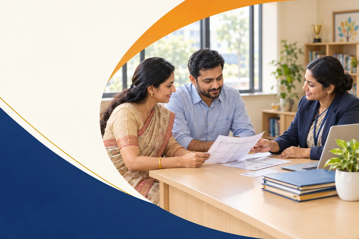 An Indian mother and father reviewing a printed school fee statement and receipts with a school administrator across a desk