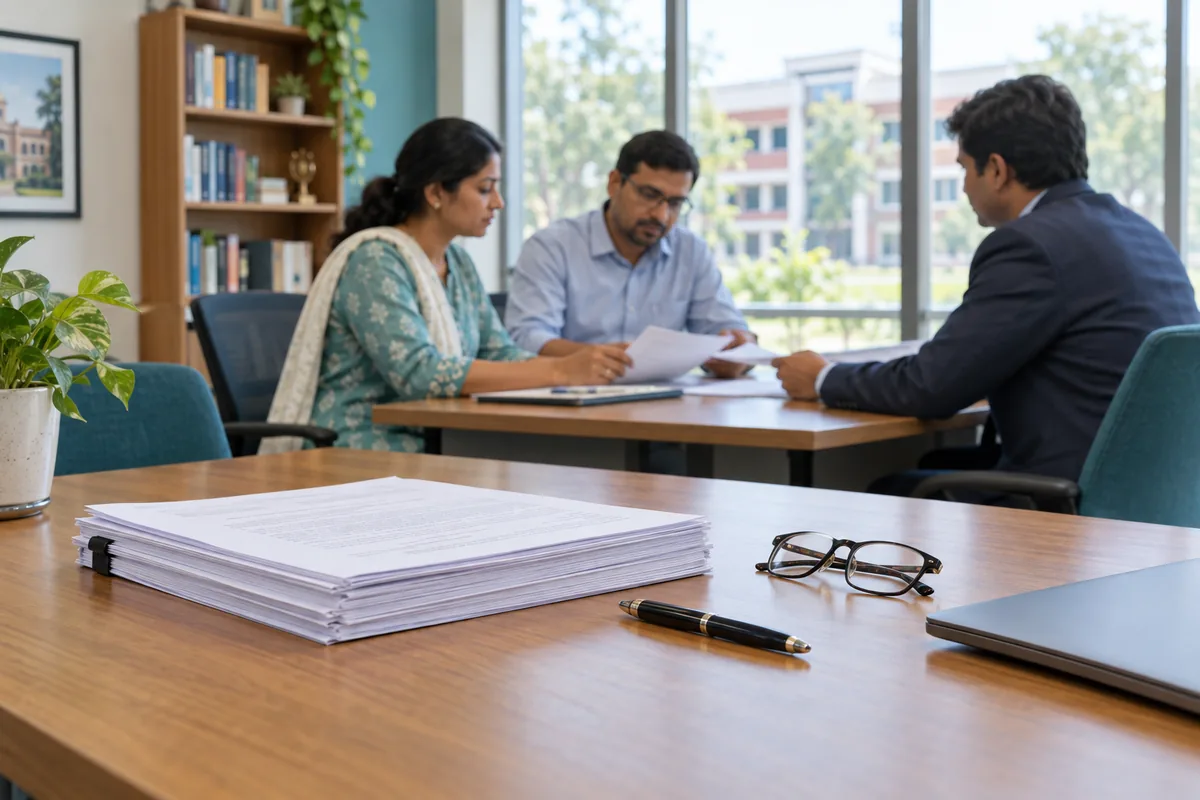 College administrators reviewing a new software contract with a vendor in an office