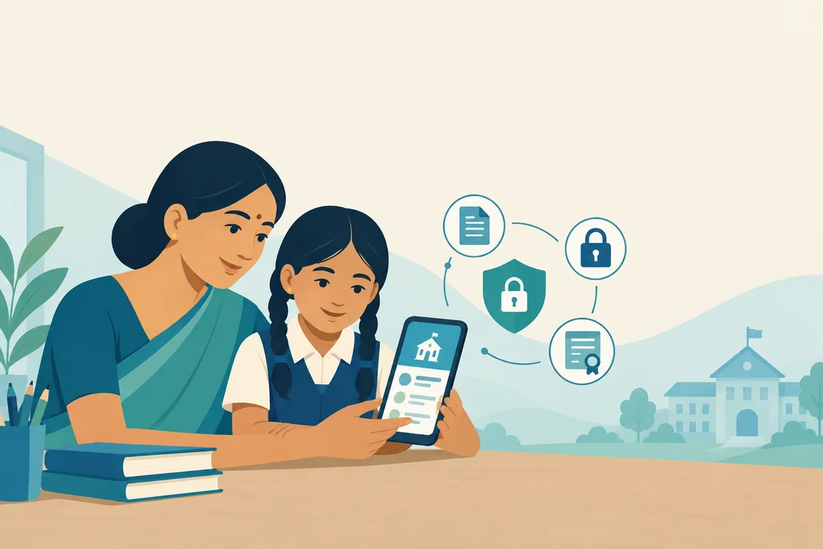 Parent and child looking at a school app on a phone, with school records shown protected behind a shield and padlock