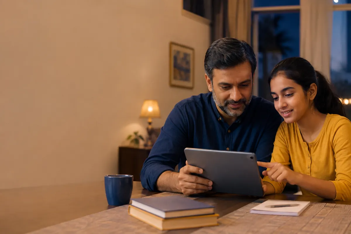 Parent and student reviewing school information together on a tablet
