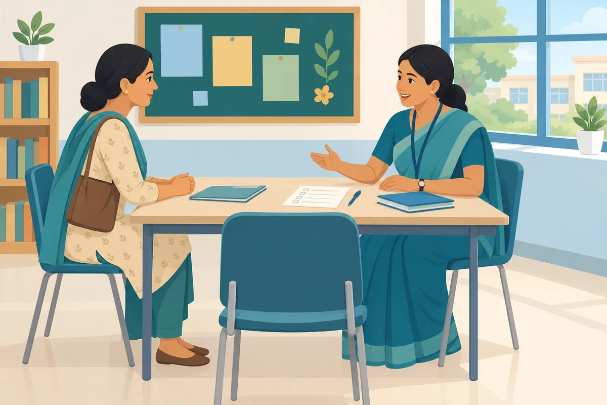 Parent and teacher talking across a table in a school classroom during a parent-teacher meeting