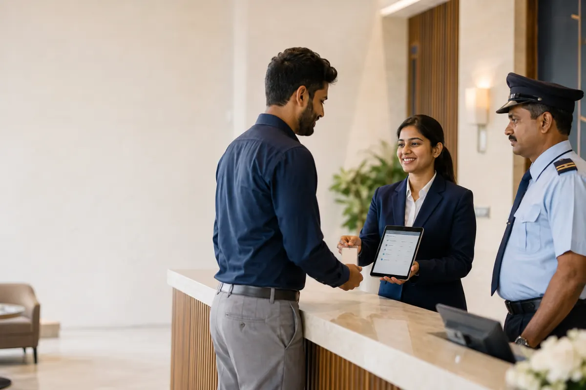 School reception staff checking in a visitor through an official process