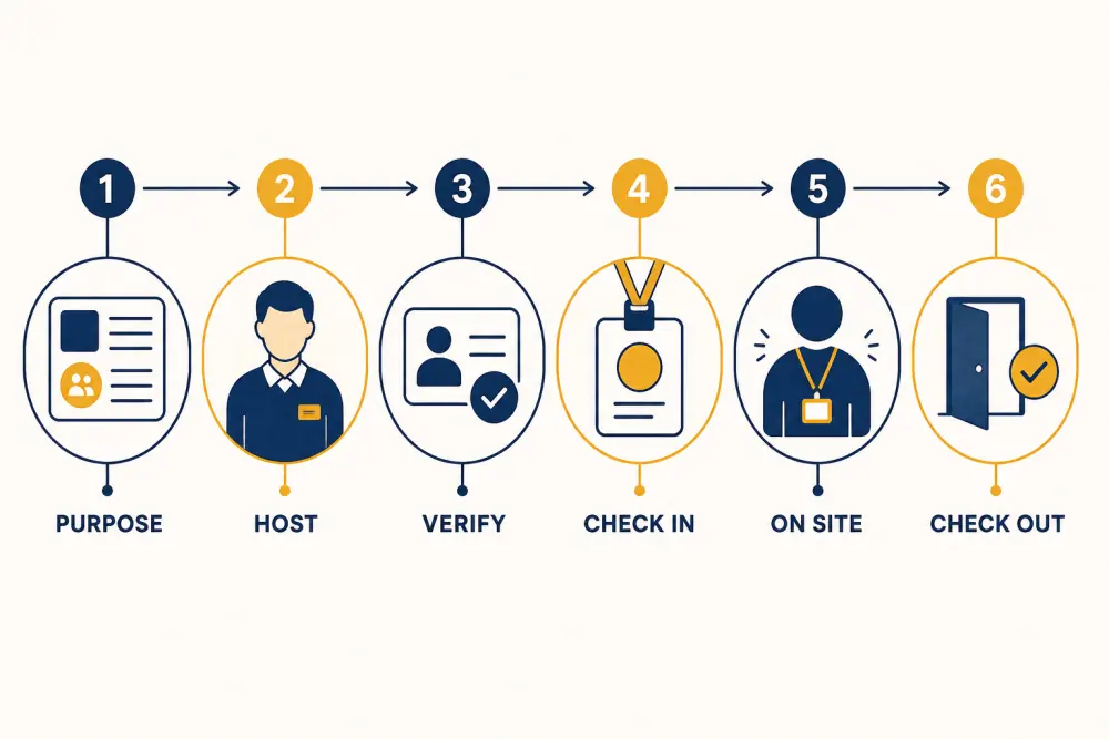 Visitor lifecycle from purpose and host through verification, check-in, on-site status, and checkout