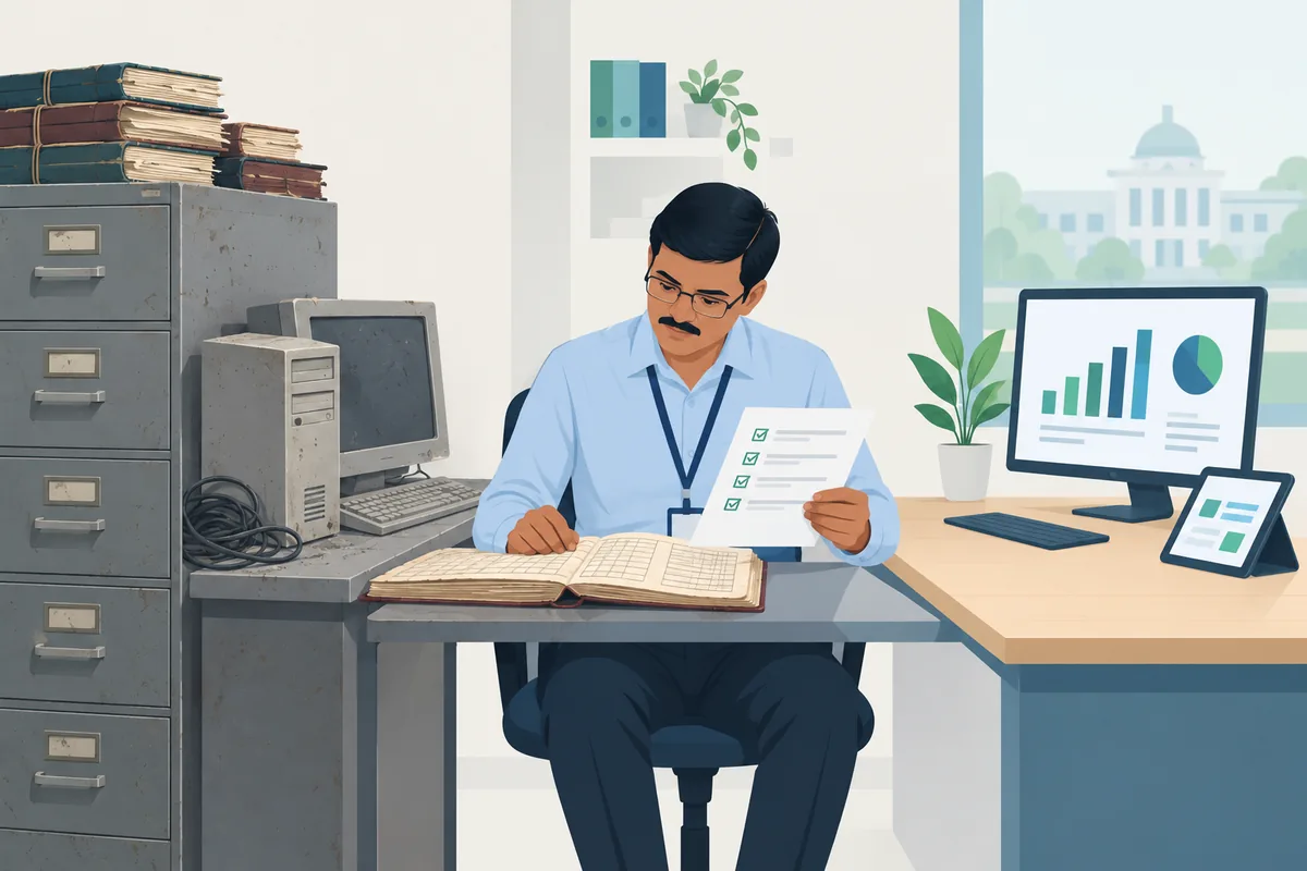 An institution's records officer comparing a dusty filing cabinet and obsolete desktop computer with a modern desk monitor showing a clean analytics dashboard